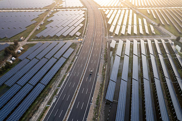 istock aerial view solar power station during sunset 2209458518