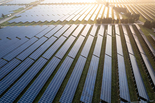 istock aerial view solar power station during sunset 2209458527