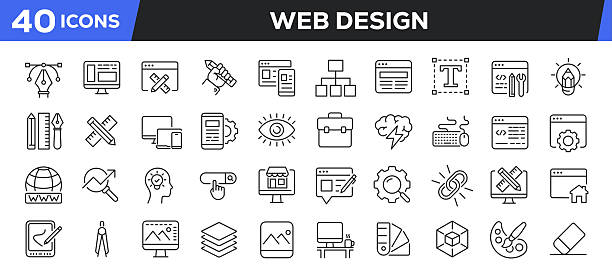 Web design icons set. Web line icons collection related web development, coding, graphic. Editable stroke. Perfect pixel vector illustration isolated on white background. Web design icons set. Web line icons collection related web development, coding, graphic. Editable stroke. Perfect pixel vector illustration isolated on white background. web design stock illustrations
