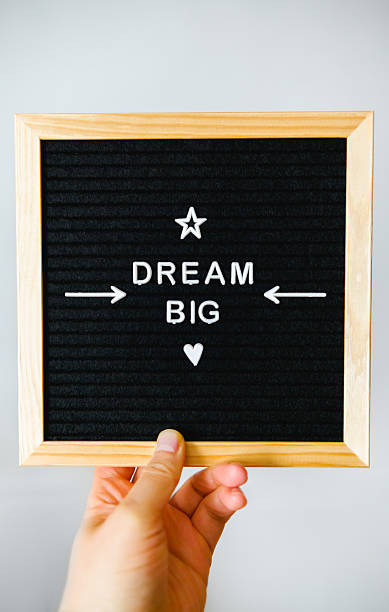 istock Hand holding a black felt board with wooden edges that has a big dream message in white letters 2209463661