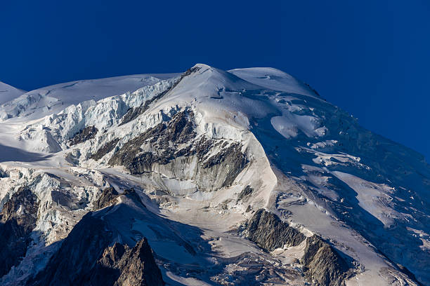 Chamonix Montblanc alpine mountain summits landscape. Alps mountains with snow and glacier above valley of Chamonix in France. Alps beautiful high peaks scenery in summer
