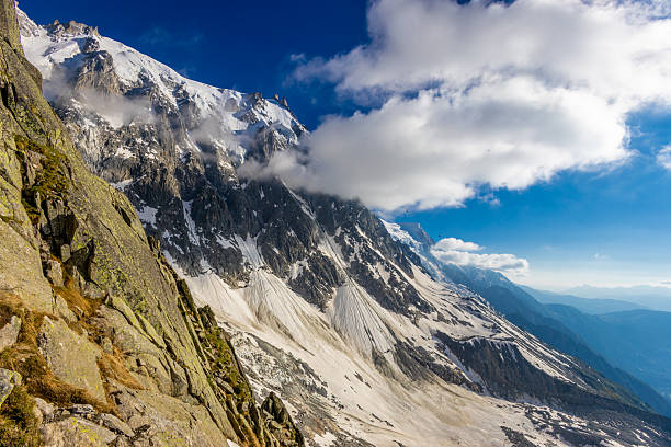 Chamonix Montblanc alpine mountain summits landscape. Alps mountains with snow and glacier above valley of Chamonix in France. Alps beautiful high peaks scenery in summer