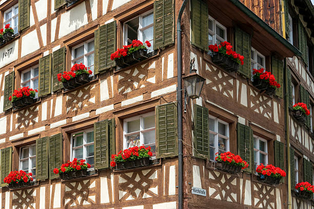 MEERSBURG, GERMANY - JUNE 15, 2019: a little town in the southwestern German state of Baden-Wurttemberg. On the shore of Lake Constance. facade decorated with geraniums