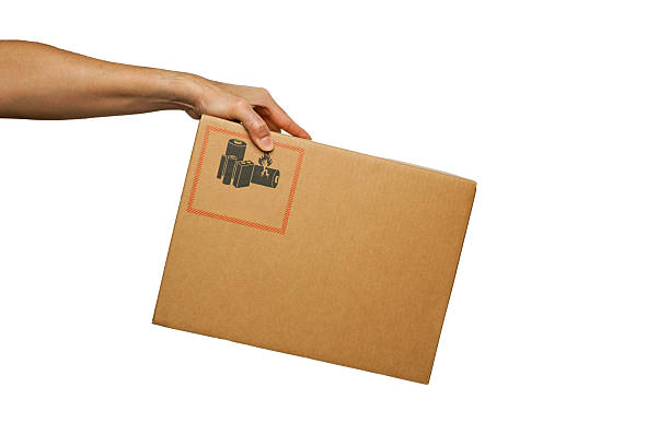Warehouse worker holding parcel box on white background,logistics and delivery concept. Isolated.