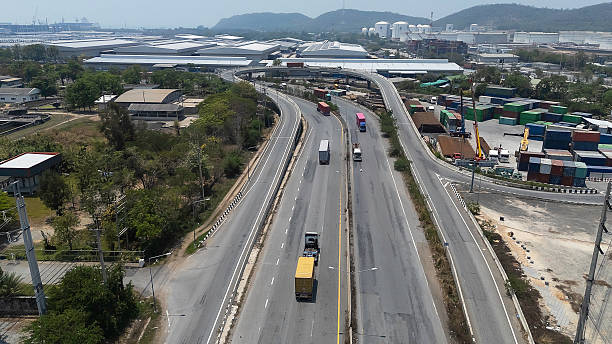 istock Top View of container with trucks at logistic center stock 2209475883