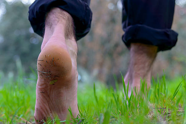 Close-up of dirty, bare feet walking on green grass, embracing nature