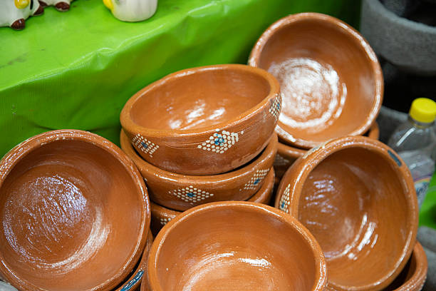 Traditional hand-painted clay bowls from Puebla, Mexico..