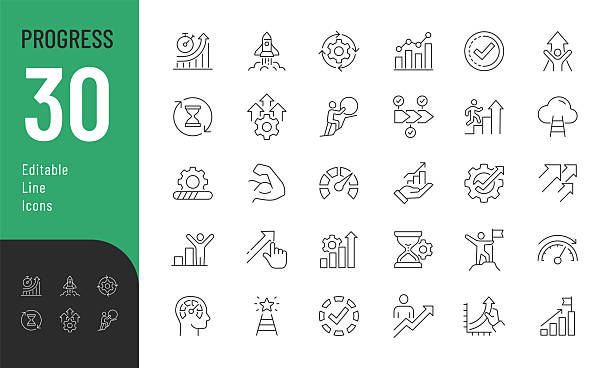Vector illustration in modern thin line style of efficiency related icons: growth, success, and more. Isolated on transparent background.