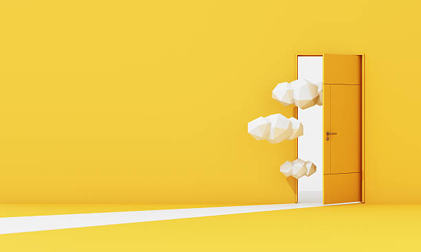 istock Minimal yellow door opens to floating clouds, symbolizing hope, freshness, and possibility in a surreal modern atmosphere. 3d rendering. 2209490961