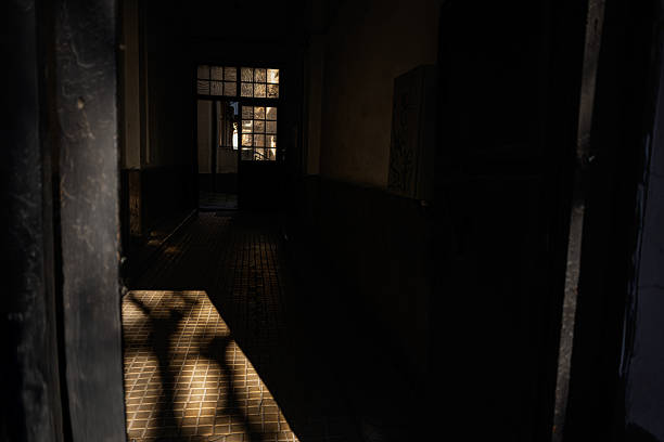 istock Dimly lit hallway with sunlight and shadows in an urban building 2209491099