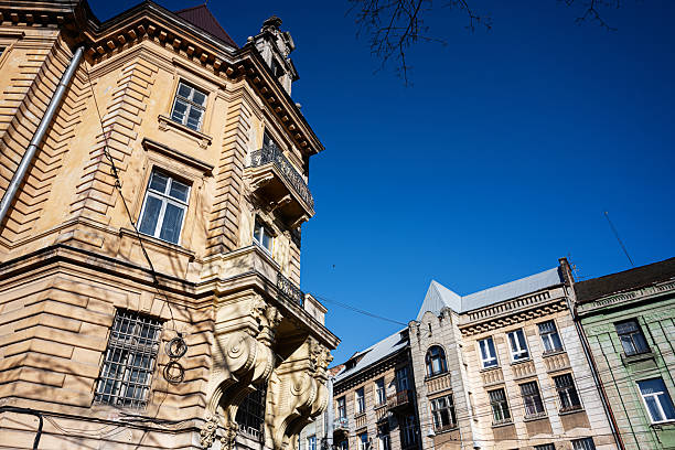 istock Historic architectural buildings in Lviv under a vibrant clear blue sky 2209491377