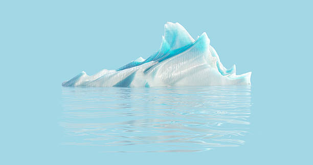 3d rendering. A stunningly detailed iceberg with jagged peaks and ridges, floating serenely in reflective water under a clear sky. The interplay of smooth and rough textures highlights its natural majesty