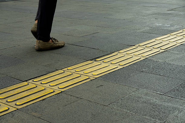 istock Yellow tactile paving in Jakarta City sidewalks 2209495579