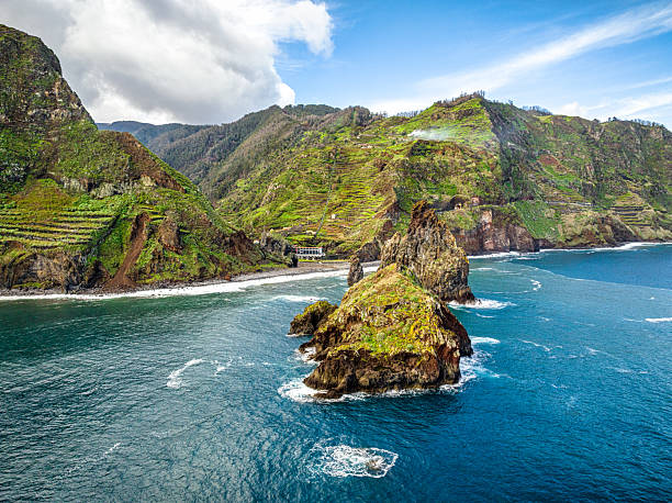 Breathtaking aerial view capturing the Ilhéus da Ribeira da Janela, three volcanic rock formations rising from the Atlantic Ocean, framed by lush green valley slopes in Madeira, Portugal