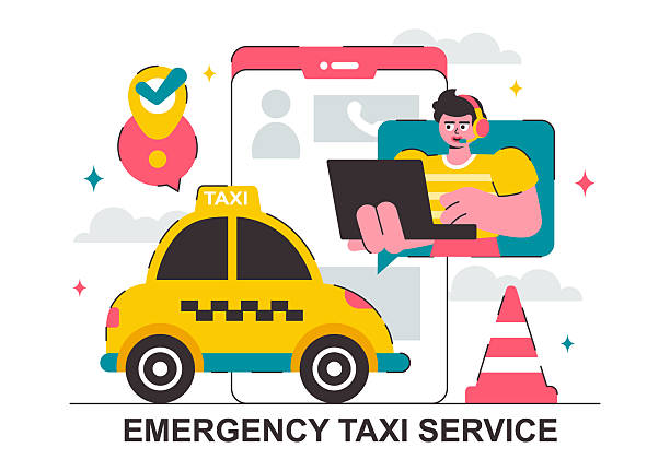 istock Emergency Taxi Service Vector Illustration Featuring a Taxi Car Called via Mobile Apps with Location Markers for Urgent Delivery or Emergency Calls 2209510752