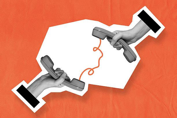 Hand holding telephone connected with doodle wire, call center concept. Surreal collage illustration