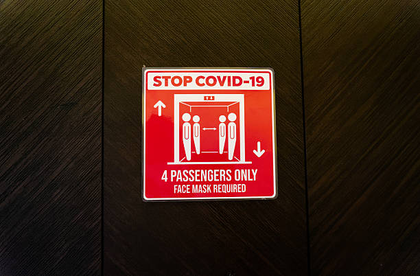 istock Stop covid 19 warning and must wear a mask in public facilities elevators 2209516056