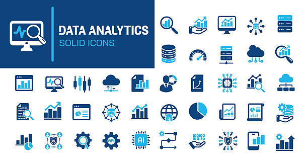 stockillustraties, clipart, cartoons en iconen met data analytics glyph solid icons. containing big data, analyzing, network data, database solid icons collection. vector illustration. perfect pixel on clean white background - digitaal display