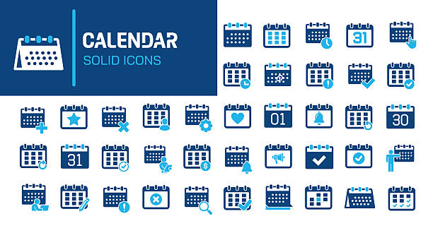 stockillustraties, clipart, cartoons en iconen met calendar glyph solid icons. containing schedule, time, daily, deadline solid icons collection. vector illustration. perfect pixel on clean white background - vluchtschema