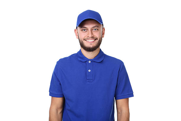 istock Delivery man in blue uniform isolated on white background 2209529151