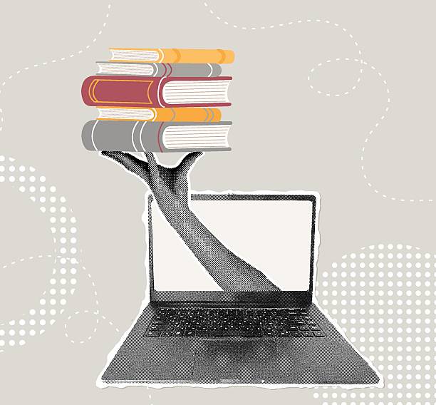 istock Trendy halftone collage.Concept of online learning and digital books, online library,online education with workspace. Creative illustration 2209538980
