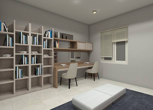 3D interior rendering of a minimalist study room with a wooden desk and upper storage cabinets, incorporating mirrored panel details and a bookshelf.