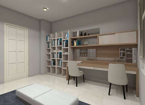 istock Study Room Design with Wooden Desk and Display Shelving 2209559111