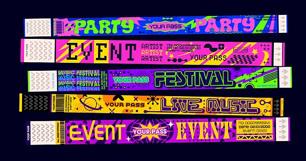 Y2k retro event party bracelet, club pass ticket for concerts, nightclubs and entertainment venues. Realistic 3d vector set of modern wristbands for festivals, live music concert and vip event access