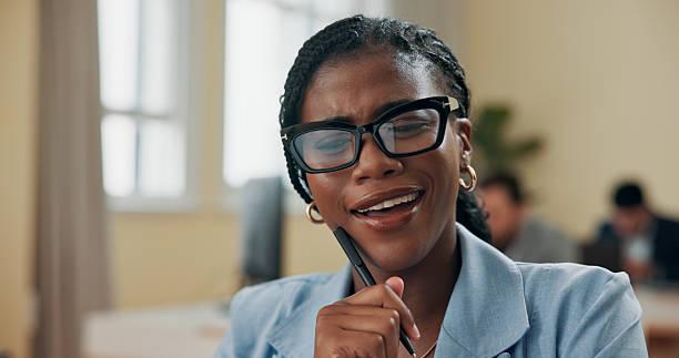 istock Business woman, thinking and solution with smile for article research, creative insight and source verification. Journalist, black person and happy with news reflection and problem solving in office 2209561010