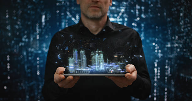istock Modern developer pressing button in modern tablet, showing futuristic holographic view of smart city infrastructure planning showing cyber urban future 2209567967