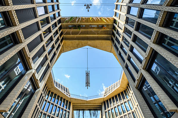 low angle view on modern residential and business architecture against sky in central Berlin