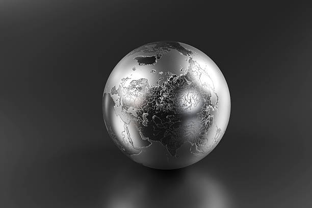 Metal silver planet Earth on a reflective black background. Illustration as a design element about global business, world affairs and weather