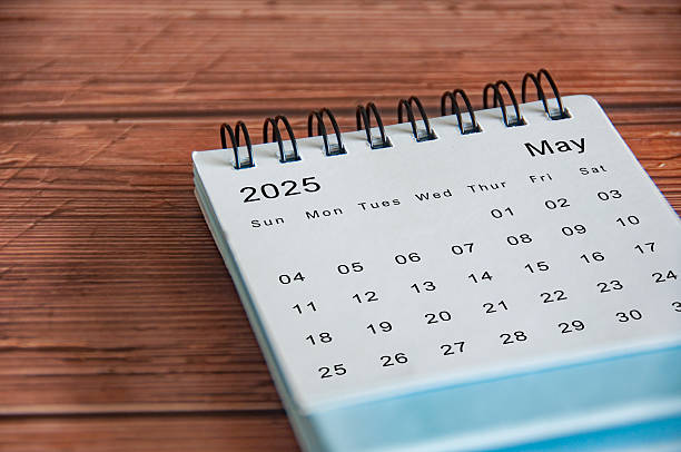 istock Side view of May 2025 white table calendar with customizable space for text or ideas. Calendar concept 2209575498