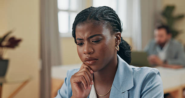 Business, thinking and woman in office, confused and problem solving with pressure. Person, employee and investigative journalist in workplace, puzzled and decision with wonder, doubt and questions