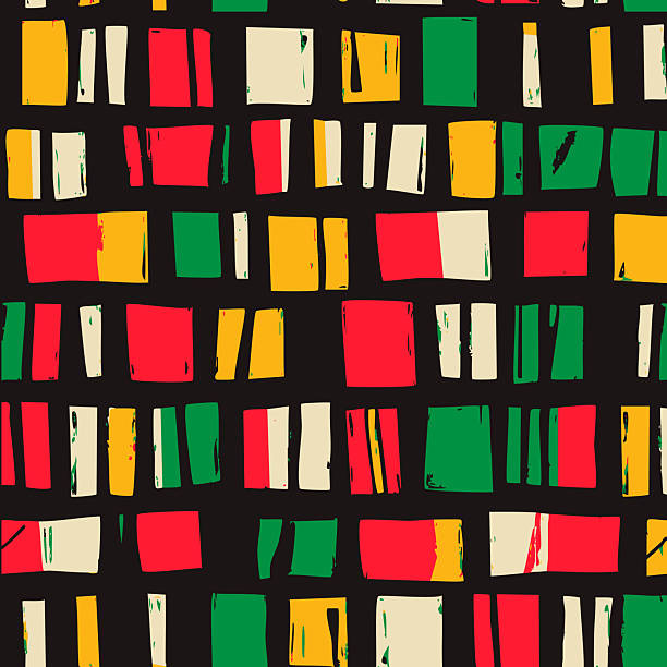 African ethnic seamless pattern in red, yellow, green colors with large multi colored cells checkered texture. Ornate for printing, wrapping and packaging. Vector isolated on black background