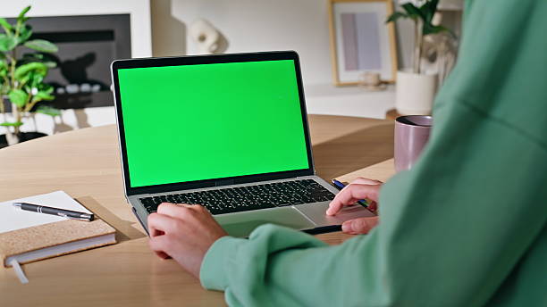 istock Freelancer working green screen laptop at home workplace closeup. Unknown woman 2209583445