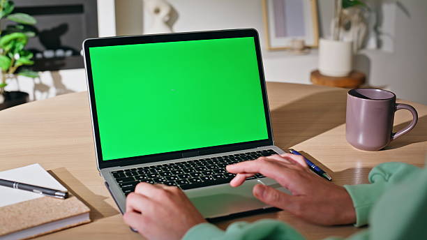 istock Online manager browsing mockup laptop at modern apartment workspace closeup. 2209586076