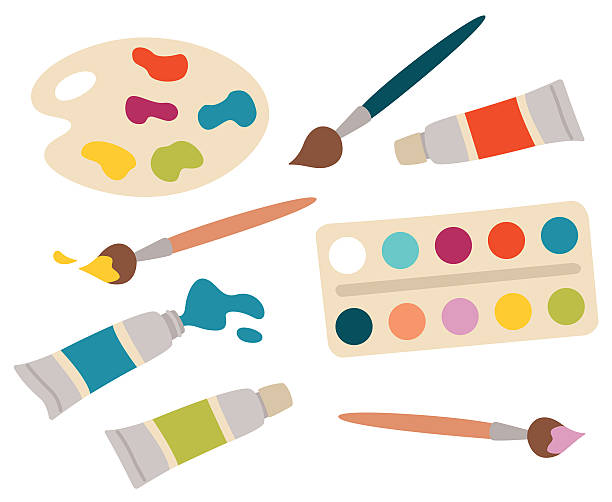 ilustrații de stoc cu set de materiale de desen colorate și instrumente izolate pe alb - pensulă