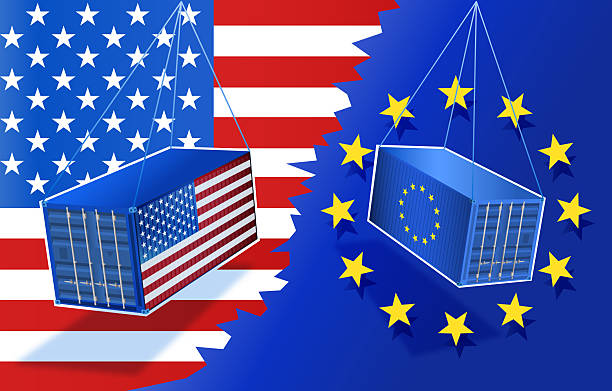 istock American Cargo Container hanging beside european Cargo Container illustrating the economic warfare 2209589078