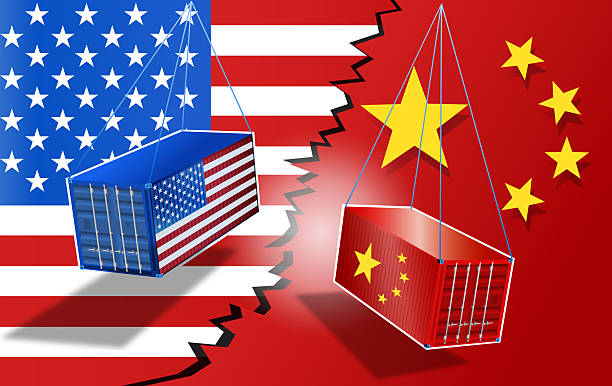 istock American Cargo Container hanging beside chinese Cargo Container in the economic warfare 2209589101