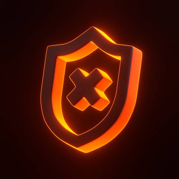A glowing neon orange shield with a cross symbol in the center, representing security issues, protection failures, or errors in cybersecurity. 3D icon, sign and symbol. 3D render illustration
