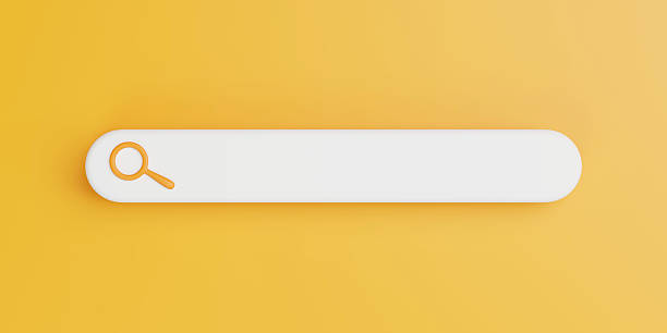 Minimalist search bar design featuring an orange magnifying glass icon, set against a vibrant yellow background, symbolizing web search and navigation. 3D render illustration