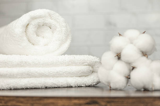 istock Terry towels beautifully folded on a shelf. Cotton flowers 2209593069