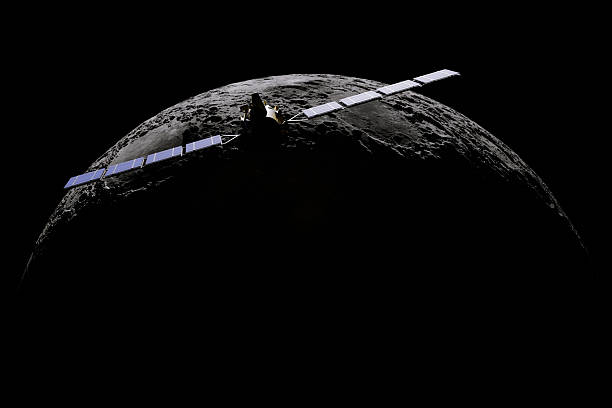 Lunar satellite flies over the cratered moon. Moon in black space. Exploring space and another planet. Science