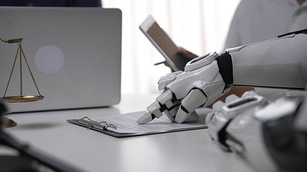 Futuristic Robot Hand Pointing at Document on Table with Legal Themes