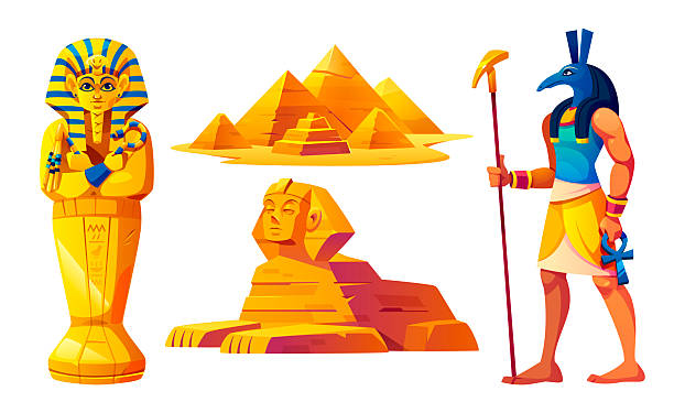 Ancient Egyptian culture symbols set isolated on white background. Vector cartoon illustration of antique pharaoh tomb, stone pyramids, sphinx monument, anubis character, archeology museum elements