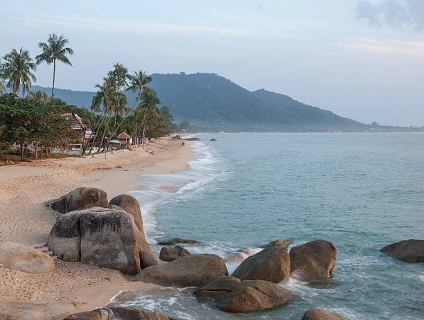 Beautiful seascape with palm trees, rocks and calm sea in the early morning, Ko Samui, Thailand