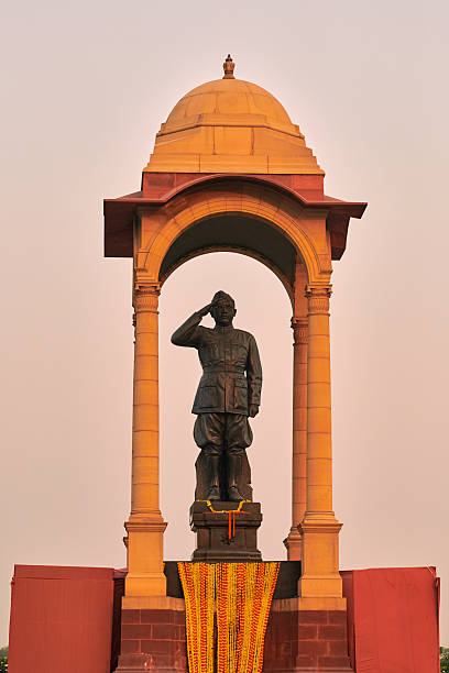 Statue of Subhas Chandra Bose under canopy behind India Gate war memorial