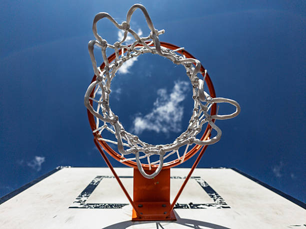 istock Basketball hoop against a blue sky on a sunny day 2209596400