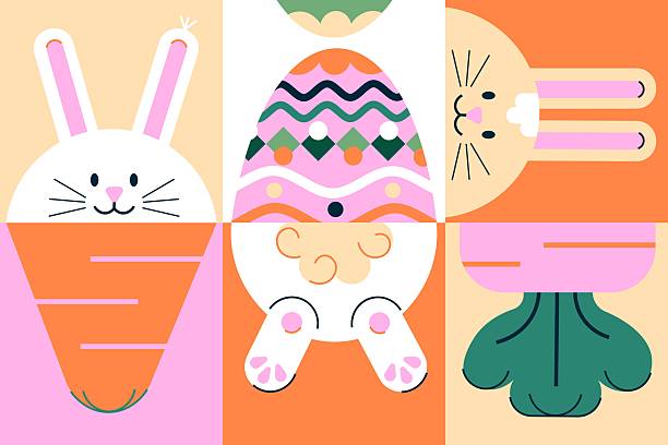 Colorful and playful artwork showcasing Easter themes with rabbits, pastel-patterned eggs, and carrot-inspired designs, perfect for seasonal celebrations and decorations.